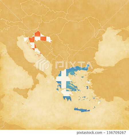 Ocher map of Balkans - Croatia and Greece Ocher map of Balkans - Croatia and Greece 136709267