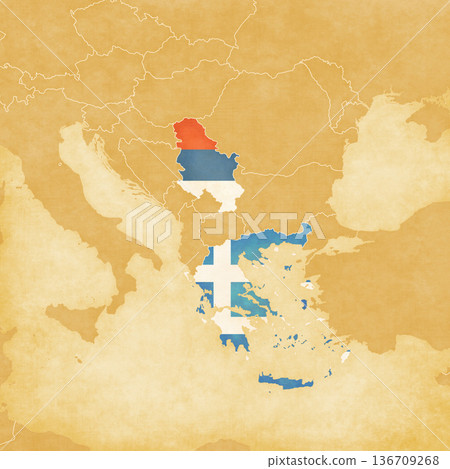 Ocher map of Balkans - Serbia and Greece 136709268