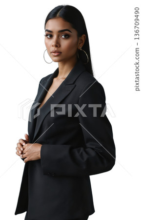 A South Asian female business leader, standing with elegance and poise, her expression thoughtful and determined, symbolizing the combination 136709490