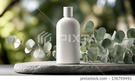 Eucalyptus and white bottle cosmetic mockup | Minimal packaging for shampoo and skincare container, natural 136709491