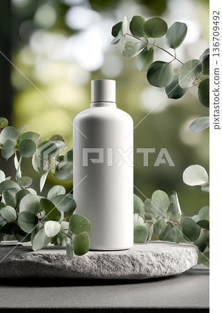 Eucalyptus and white bottle cosmetic mockup | Minimal packaging for shampoo and skincare container, natural 136709492
