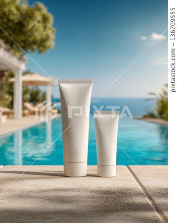 兩支白色防曬霜管，背景為度假泳池 | 紫外線防護化妝品樣機，附空白標籤 136709555