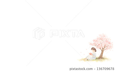 一個女孩在櫻花樹下讀書。一幅柔和的春日水彩插畫。 136709678
