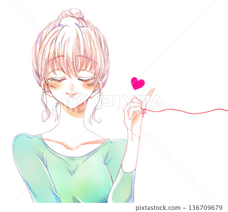 A woman with a bun hairstyle tied with the red thread of fate A woman with a bun hairstyle tied with the red thread of fate 136709679