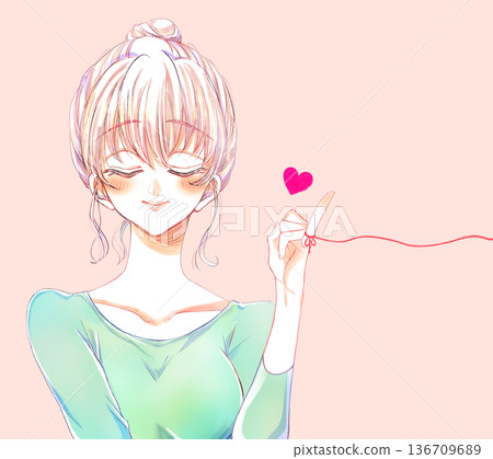 The woman with her hair in a bun, whose destiny is intertwined with the red thread of fate, closes her eyes. The woman with her hair in a bun, whose destiny is intertwined with the red thread of fate, closes her eyes. 136709689