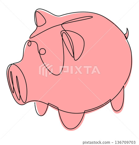 Single line drawing of pink piggy bank. Minimal art style ceramic pig, simple vector illustration 136709703