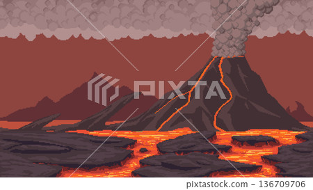 Pixel art volcanic lava landscape background 136709706