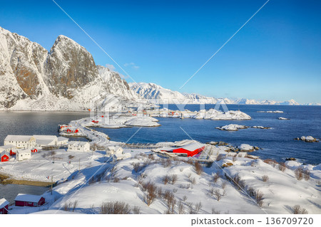 Amazing view of Hamnoy village and bridge seen from Olenilsoya island. Amazing view of Hamnoy village and bridge seen from Olenilsoya island. 136709720