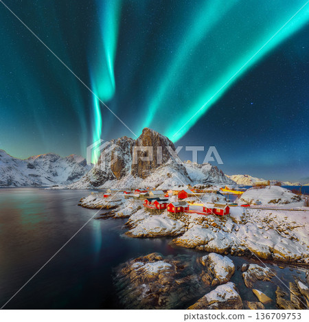 Breathtaking winter view on Hamnoy village at night with Northern lights (Aurora Borealis). 136709753