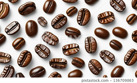 A beautifully arranged collection of roasted coffee beans scattered across a clean white surface creates a visually appealing and aromatic background texture. 136709863