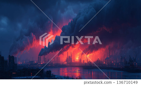 Black smoke from factory chimneys and fossil fuels, a site of environmental burden caused by increasing emissions 136710149