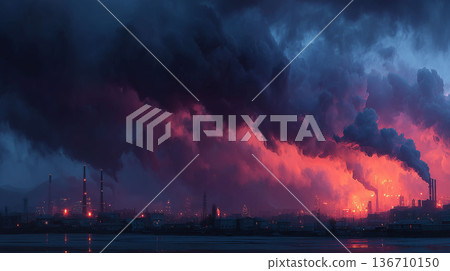 A factory emitting black smoke from fuel combustion, a scene evocative of global warming and climate change 136710150