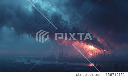 Heavy black smoke from industrial areas highlights CO2 emissions and the challenges of decarbonization 136710151