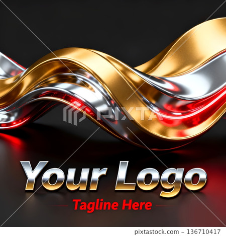 Dynamic 3D render of intertwined gold, silver, and red metallic waves on a dark background. This elegant abstract design is perfect for modern business branding, luxury presentations, and technology  136710417
