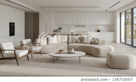 Modern minimalist living room with open-plan kitchen and large windows overlooking a serene garden 136710567