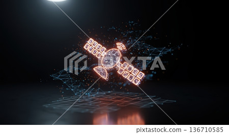 A glowing satellite is depicted in a futuristic digital design, surrounded by abstract network connections and a reflective surface in the dark background. 136710585