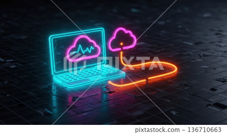 A vibrant neon laptop displays a cloud with a heart rate monitor, connected by an orange wire to a separate neon cloud against a dark, textured backdrop. 136710663