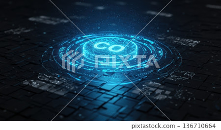 Illuminated CO symbol on a dark abstract futuristic circuit board represents carbon monoxide molecule with digital technology and particle effects, modern look. 136710664