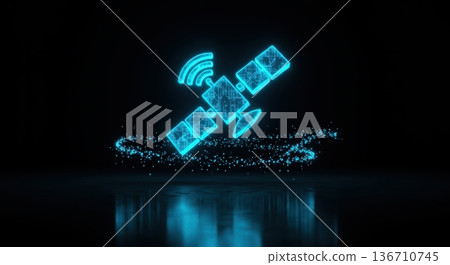 A glowing blue satellite with antenna and solar panels emits data stream and reflects on the shiny dark floor against a solid black background of deep space. 136710745