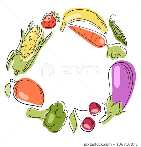 Fruit and vegetable wreath in flat style. Illustration circular frame with banana, carrot, corn, eggplant and berries isolated on white for healthy food design. Fruit and vegetable wreath in flat style. Illustration circular frame with banana, carrot, corn, eggplant and berries isolated on white for healthy food design. 136710878