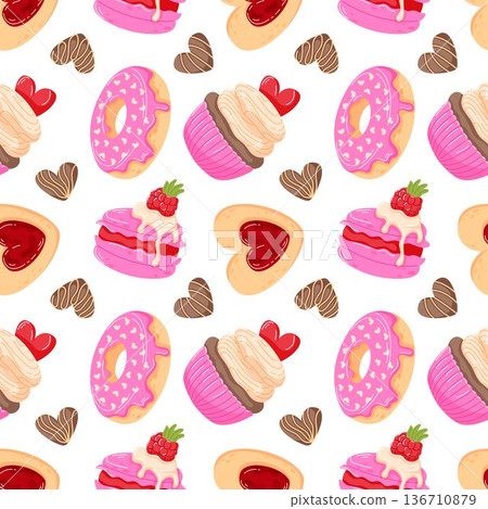 Seamless Valentine day pattern with donut, cupcake, macaron and linzer cookie. Cute flat illustration background for gift wrapping, cards, textiles and romantic design on white. Seamless Valentine day pattern with donut, cupcake, macaron and linzer cookie. Cute flat illustration background for gift wrapping, cards, textiles and romantic design on white. 136710879