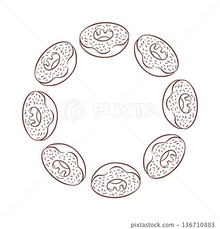 Wreath with glaze donut and sprinkles in line art style. Simple design for bakery menu isolated on white background. Wreath with glaze donut and sprinkles in line art style. Simple design for bakery menu isolated on white background. 136710883