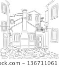 Black and White Vector Illustration Quiet Courtyard on Burano Island Italy 136711061