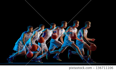 Basketball player fast break dribble in stroboscopic motion. Basketball player fast break dribble in stroboscopic motion. 136711106