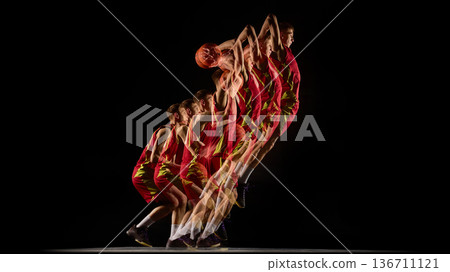 Basketball player jumping for dunk stroboscopic sequence. 136711121