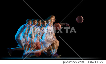 Basketball player passing ball stroboscopic motion trail. Basketball player passing ball stroboscopic motion trail. 136711127
