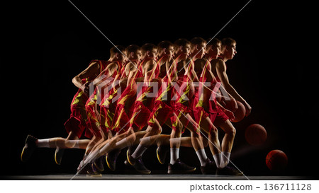 Basketball player dribbling in stroboscopic motion sequence. Basketball player dribbling in stroboscopic motion sequence. 136711128