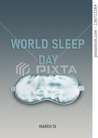 Flat lay composition on dark grey background for brochure about world sleeping day. Sleeping masks. 13 march. Vertical 136711264