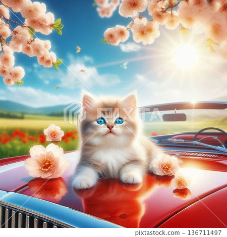A kitty relaxing in a parked car on a meadow A kitty relaxing in a parked car on a meadow 136711497