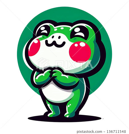 A green cartoon frog with red cheeks stands smiling with bright eyes, hands clasped to its chest 136711548