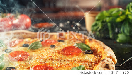 Closeup of a freshly baked pizza with melted cheese and golden crust in warm, appetizing light. Classic comfort food concept with rich texture and inviting presentation. Closeup of a freshly baked pizza with melted cheese and golden crust in warm, appetizing light. Classic comfort food concept with rich texture and inviting presentation. 136711570