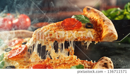 Closeup of a freshly baked pizza with melted cheese and golden crust in warm, appetizing light. Classic comfort food concept with rich texture and inviting presentation. Closeup of a freshly baked pizza with melted cheese and golden crust in warm, appetizing light. Classic comfort food concept with rich texture and inviting presentation. 136711571