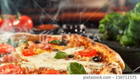 Closeup of a freshly baked pizza with melted cheese and golden crust in warm, appetizing light. Classic comfort food concept with rich texture and inviting presentation. Closeup of a freshly baked pizza with melted cheese and golden crust in warm, appetizing light. Classic comfort food concept with rich texture and inviting presentation. 136711575