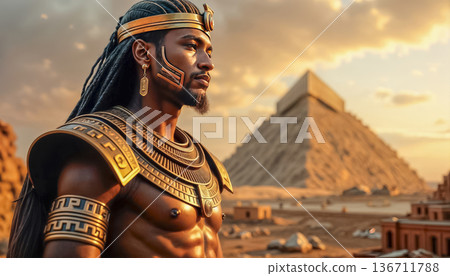 Great and powerful Egyptian warrior guarding the Great Pyramids, great commander on the Pyramid of Cheops in Ancient Egypt in Giza 136711788
