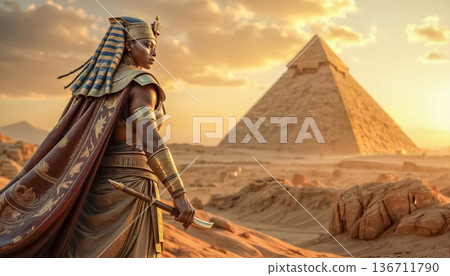 Great and powerful Egyptian warrior guarding the Great Pyramids, great commander on the Pyramid of Cheops in Ancient Egypt in Giza 136711790