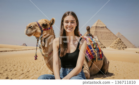 A young woman sits and poses for the camera against the backdrop of the Great Pyramids and the sky. 136711810