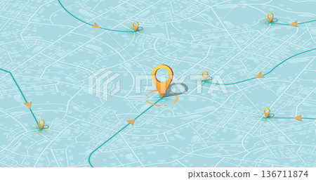 Isometric city map with multiple navigation routes and destination pins. Vector illustration. 136711874