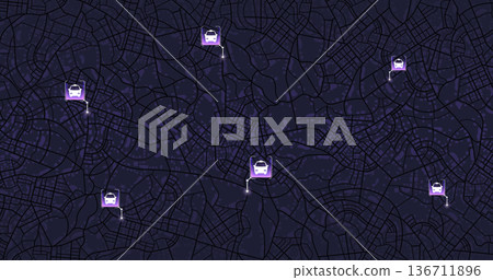 Pick up taxi. Gps map navigation to own house. Detailed view of city. Passenger location sharing for driver. City top view. Online navigation. Flat style, Vector, illustration isolated. Pick up taxi. Gps map navigation to own house. Detailed view of city. Passenger location sharing for driver. City top view. Online navigation. Flat style, Vector, illustration isolated. 136711896