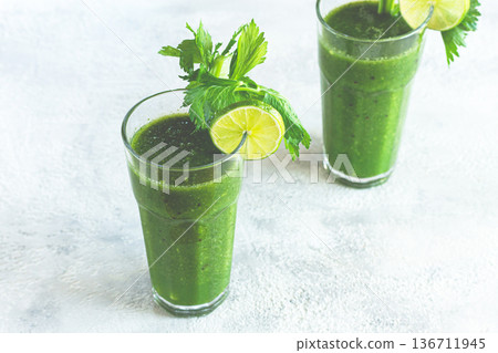 two glasses, with green smoothie, celery and spinach, apple and kiwi, cucumber, vegetable smoothie, breakfast, homemade, no people, 136711945