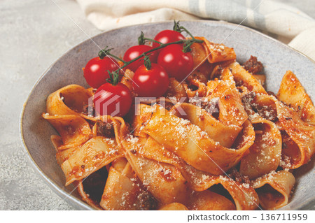 pappardelle pasta with bolognese sauce, topped with parmesan cheese and cherry branch, homemade, no people, pappardelle pasta with bolognese sauce, topped with parmesan cheese and cherry branch, homemade, no people, 136711959