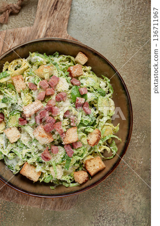 Brussels sprouts Caesar salad, with bacon and croutons, healthy food, homemade, no people, Brussels sprouts Caesar salad, with bacon and croutons, healthy food, homemade, no people, 136711967