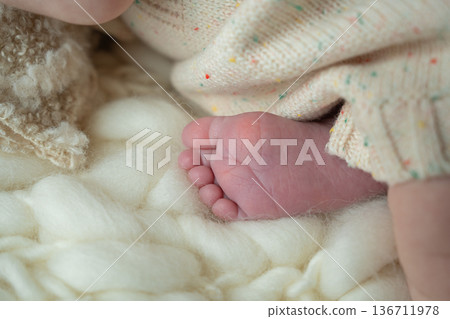 Close up of newborn baby feet wrapped in a soft knitted blanket. Tender natural light, cozy atmosphere and neutral tones create a warm family concept. Perfect for parenting, motherhood and newborn Close up of newborn baby feet wrapped in a soft knitted blanket. Tender natural light, cozy atmosphere and neutral tones create a warm family concept. Perfect for parenting, motherhood and newborn 136711978