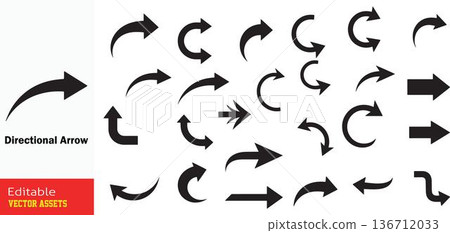 Collection of various black directional arrows pointing in different directions isolated on white background Collection of various black directional arrows pointing in different directions isolated on white background 136712033