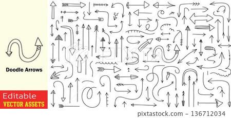 Collection of various black handdrawn doodle arrows on transparent background vector illustration Collection of various black handdrawn doodle arrows on transparent background vector illustration 136712034