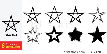 Collection of various black star shapes and designs on white background vector graphics for creative projects finishing with a unique star symbol Collection of various black star shapes and designs on white background vector graphics for creative projects finishing with a unique star symbol 136712036
