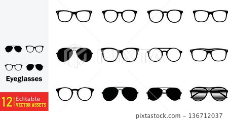 Collection of various eyeglasses and sunglasses silhouettes isolated on transparent background 136712037